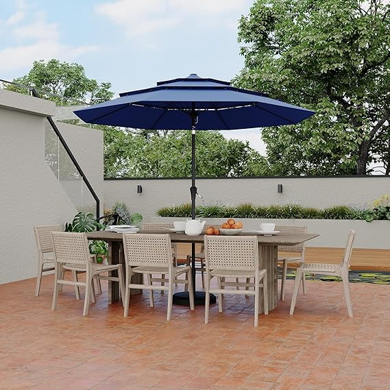QinaQin 9 Ft 3 Tiers Patio Umbrella,Heavy Duty Outdoor Umbrella 8 Ribs,Outdoor Market Table Umbrellas with Ventilation and Hand Crank,Pool Umbrella for Garden,Pool,Blue