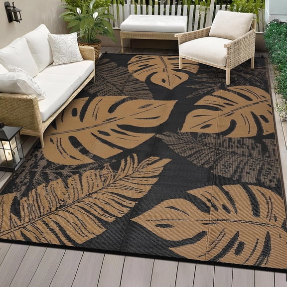 QinaQin 9x18 FT Outdoor Rug,Waterproof Reversible Plastic Straw Rugs Modern Leaf Patio Rug Indoor Outdoor Carpet RV Mat for Deck Backyard Patio,Leaf|black&brown