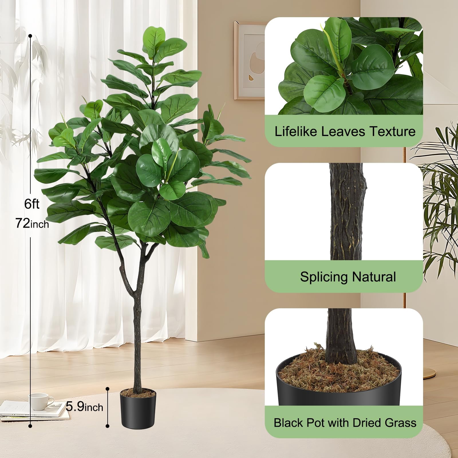 QinaQin Artificial Fiddle-Leaf Fig, 6-Foot Modern Potted Simulated Fiddle-Leaf Fig with Dried Moss, Suitable for Living Rooms, Offices Or Porches