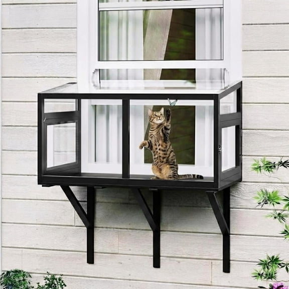 QinaQin Cat Window Box Enclosure,Clear View Window Catio,Fits Windows 24"-38",Weatherproof Wood Cat Window Perch,Black