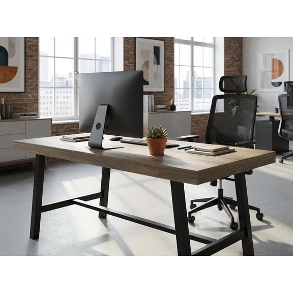 QinaQin Computer Desk for 6-8,Industrial Office Desk with Sturdy Metal Base,Writing Desk,Long Large Dining Table for Home Office,(Table Only),Pear Wood