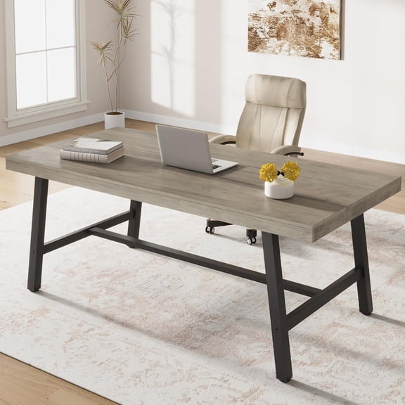 QinaQin Computer Desk for 6-8,Industrial Office Desk with Sturdy Metal Base,Writing Desk,Long Large Dining Table for Home Office,(Table Only),Gray
