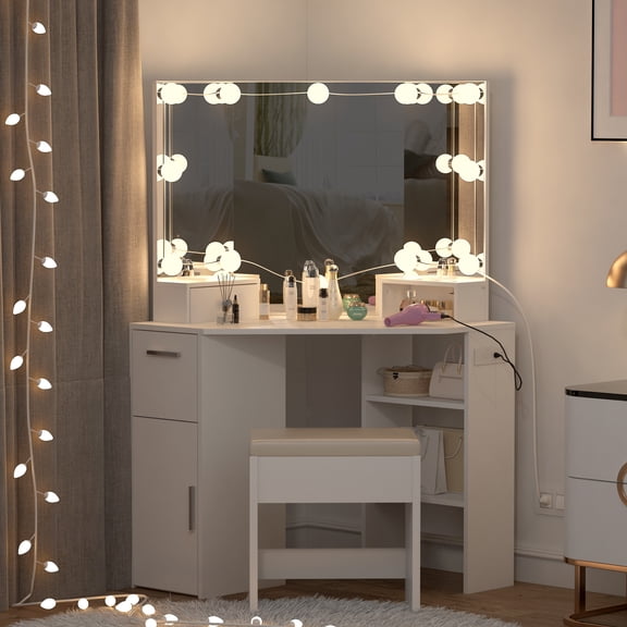 QinaQin Corner Vanity Set, Including a Dressing Table with Two Drawers, a Illuminated Mirror, a Power Outlet, a Stool, and a Tri-Color Dimmable Led Light