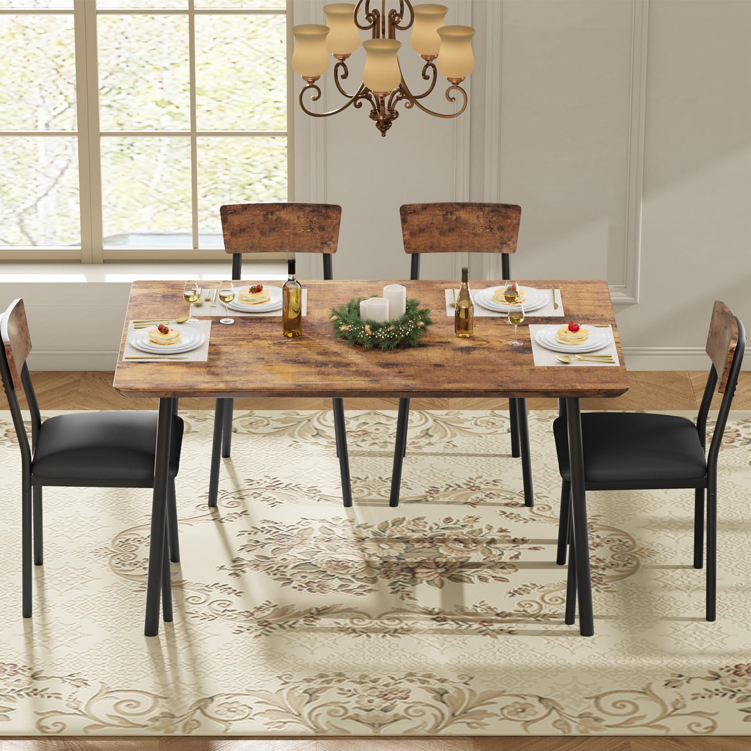 QinaQin Dining Table Set for 4 with 4 Upholstered Chairs - Wood Dining ...