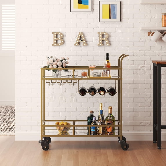 QinaQin Double-Decker Rolling Bar Cart, Compact Mobile Beverage Cart with Mirrored Shelves, Built-In Wine Rack and Glass Rack, Suitable for Dining Rooms, Living Rooms Or Parties
