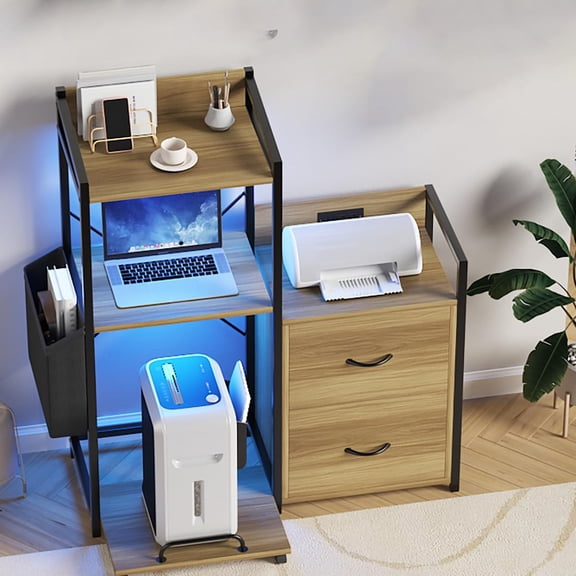 QinaQin Double-Drawer Filing Cabinet for Letterhead, Legal Documents, and a4-Sized Files, Printer Cabinet with Led Light and Power Outlet for Home Office Use, Filing Cabinet with Shredder Storage