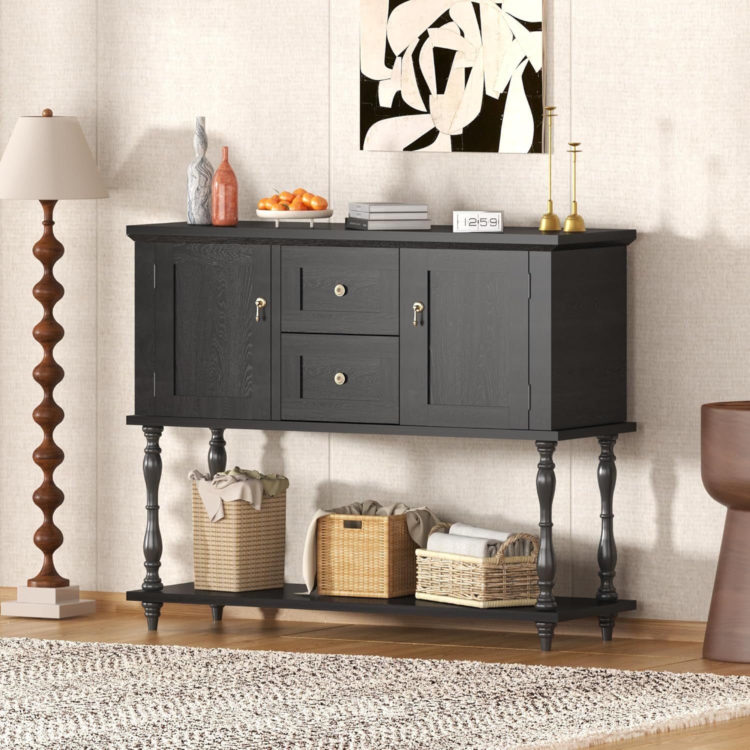 QinaQin Entryway Table with 2 Drawers,Vintage Console Table with Storage Shelf and 2 Doors,Farmhouse Buffet Sideboard Cabinet for Hallway,Entryway,Black
