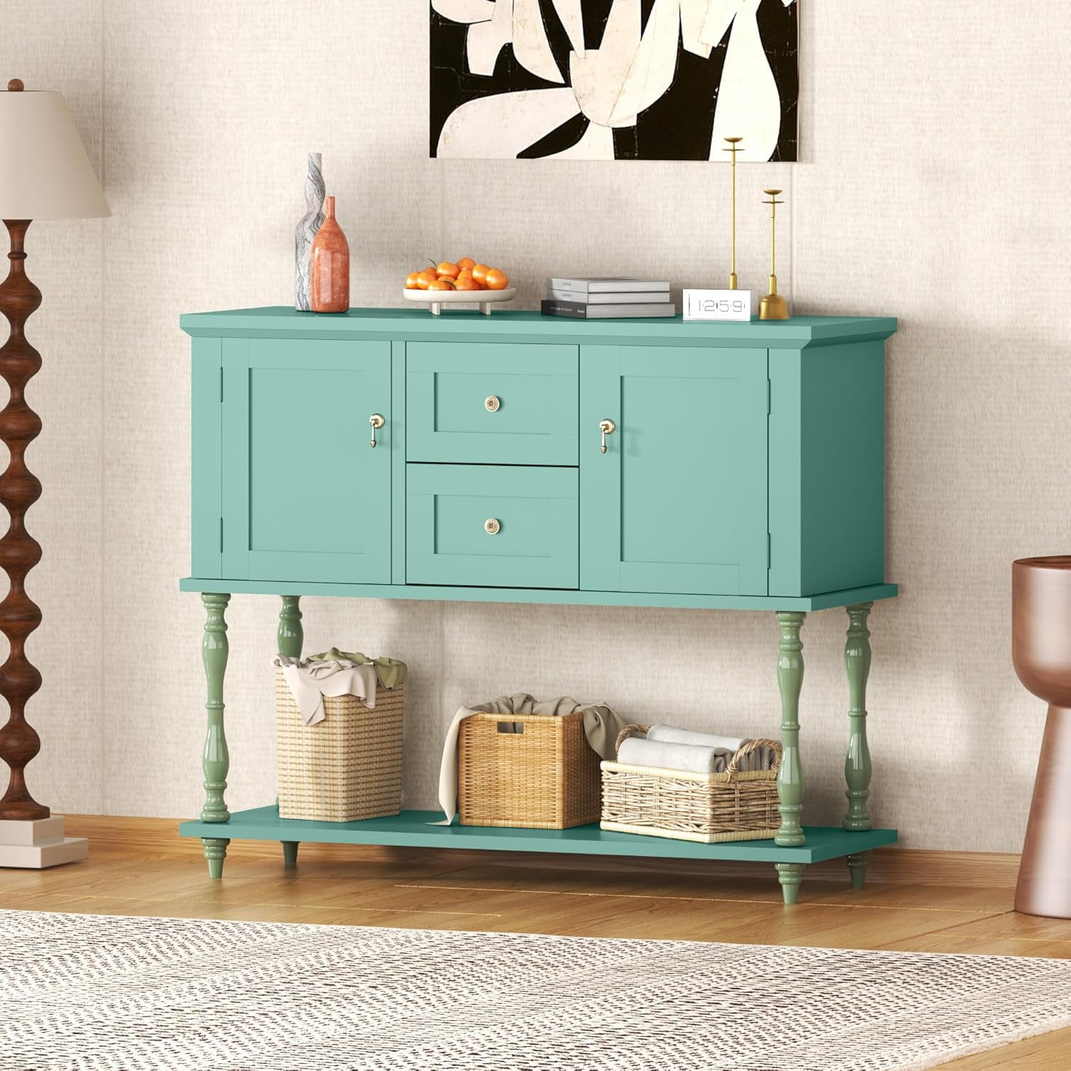 QinaQin Entryway Table with 2 Drawers,Vintage Console Table with Storage Shelf and 2 Doors,Farmhouse Buffet Sideboard Cabinet for Hallway,Entryway,Green
