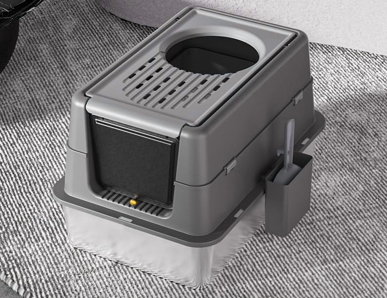 QinaQin Extra Large Stainless Steel Cat Litter Box with Removable Flip-Top Lid,Enclosed Metal Tray with Front & Top Entry,Easy-Clean,Deep Black