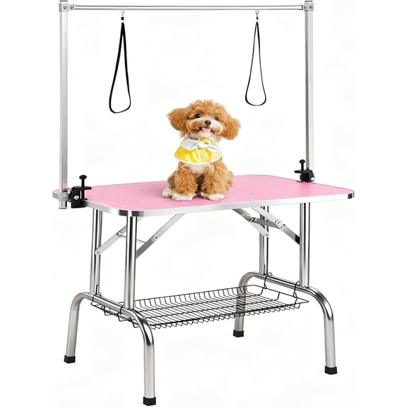 QinaQin Foldable and Adjustable Pet Grooming Table - Pet Grooming Station with Handrails, Leash and Storage Shelf, Heavy-Duty Stainless Steel Frame