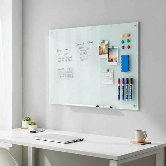 QinaQin Frameless Magnetic Glass Whiteboard, Suitable for Home, Office, and Kitchen | Magnetic Whiteboard with Pen Slots, Suitable for Classrooms, Offices, and Company Meetings, Easy To Clean