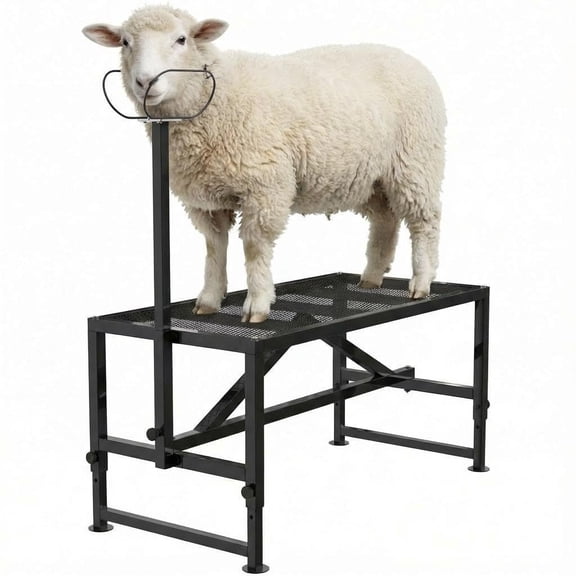 QinaQin Goat Milking Stand with Feed Box, 47 Inch Livestock Grooming Rack with Adjustable Head Gate and Legs