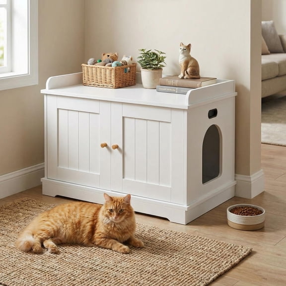 QinaQin Hidden Litter Box Enclosure Furniture, Farmhouse Cat Washroom Cabinet with Bench Seating for Hallway or Bedroom