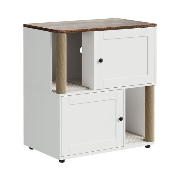 QinaQin Hidden Litter Box Furniture, Wooden Side Table Cat House with Double Enclosure, Scratching Posts and Storage
