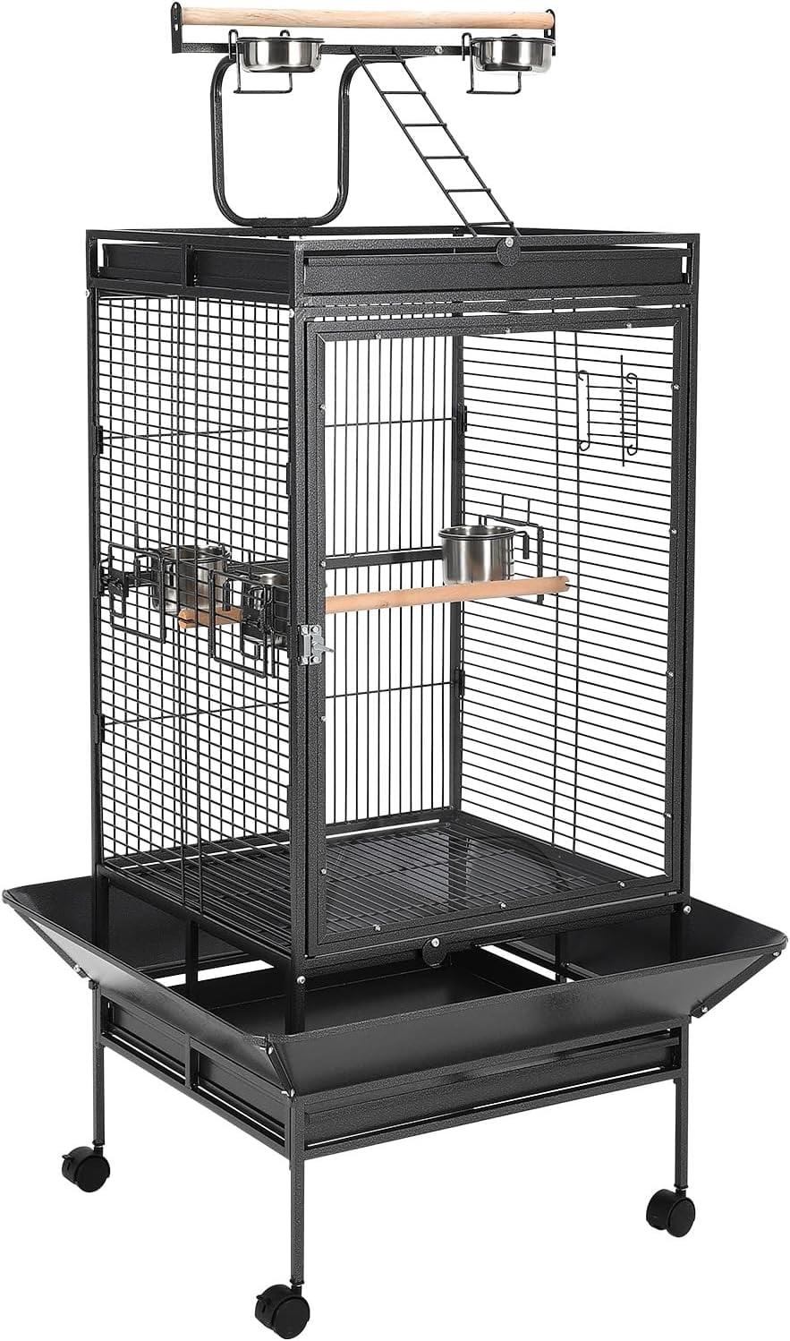 QinaQin Large Bird Cage with Play Top,Rolling Stand & Bowls,Metal Parrot Aviary,Indoor/Outdoor Use,Porch,Yard,Black