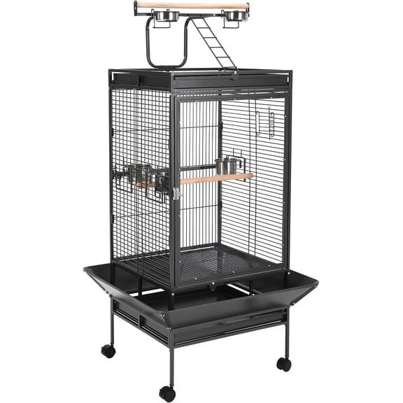 QinaQin Large Bird Cage with Play Top,Rolling Stand & Bowls,Metal Parrot Aviary,Indoor/Outdoor Use,Porch,Yard,Black