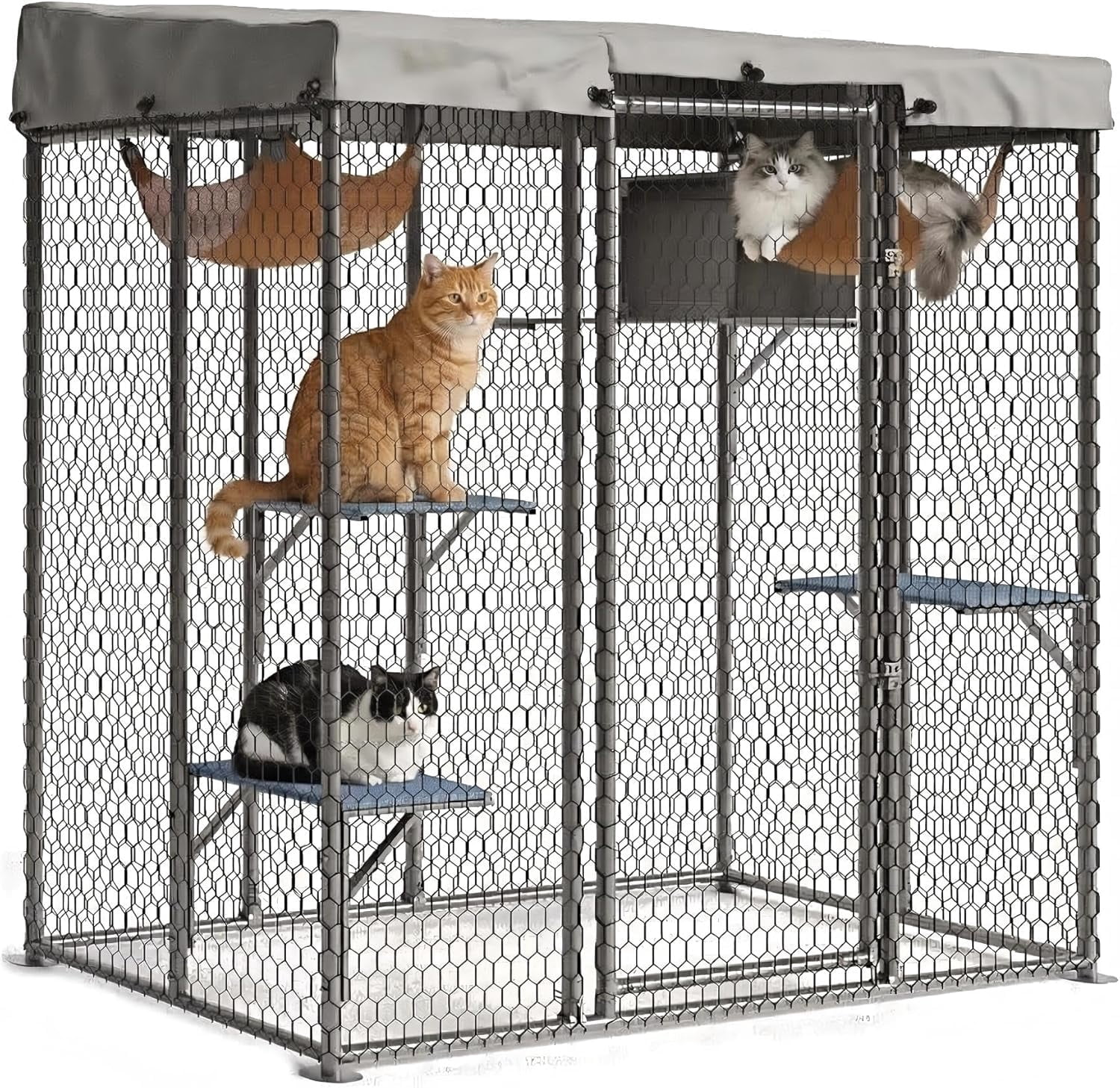 QinaQin Large Catio Outdoor Cat Enclosure,Extra Large Walk-in Cat Patio for Multiple Cats, Outdoor Catio with Waterproof Cover, Hammock, Resting Box and 4 Platforms,Light Grey
