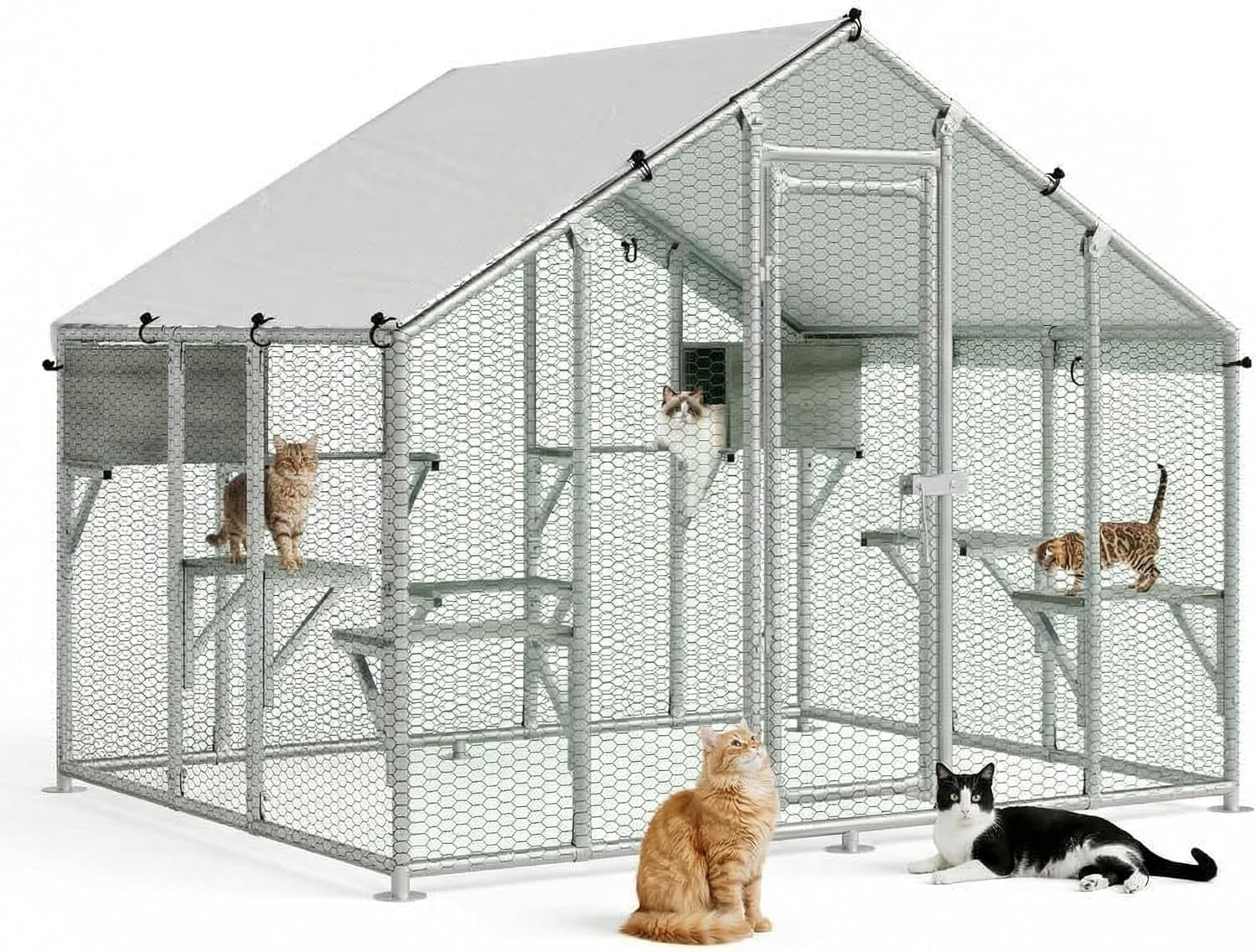 QinaQin Large Catio Outdoor Cat Enclosure for Multiple Cats, Outdoor Large Cat House with Waterproof Cover, 2 Resting Boxes and 7 Platforms, Extra Large Walk-in Cat Patio for Patio, Yard,Gray