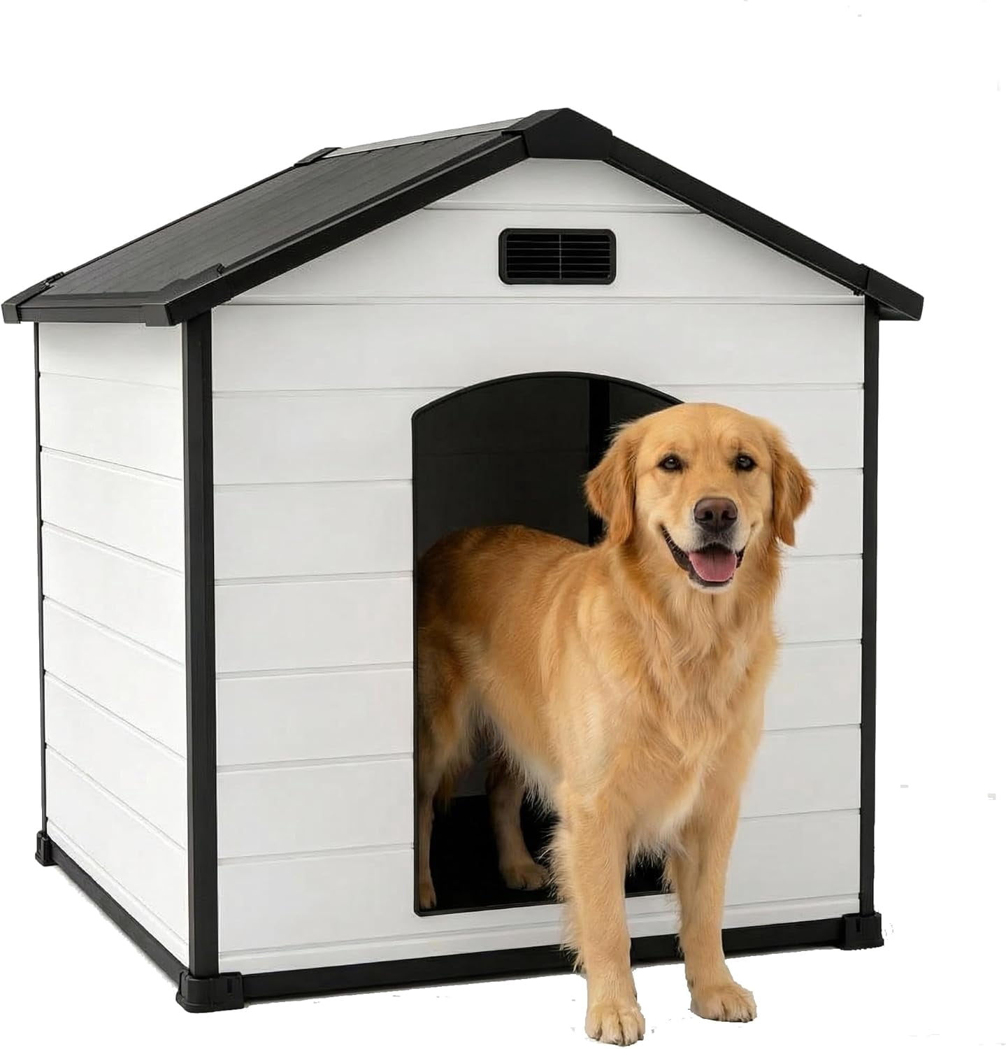 QinaQin Large Dog House,Waterproof Resin Plastic Doghouse with Elevated Floor & Air Vents for for Outdoor & Indoor Use,Durable & Easy Assembly,Black