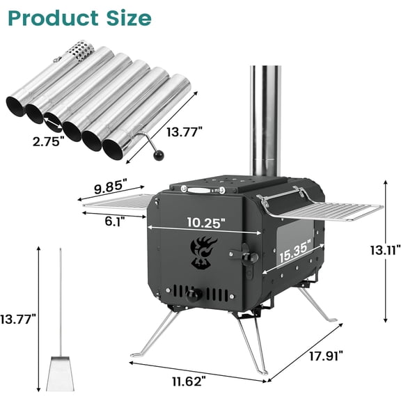 QinaQin Large Portable Firewood Tent Stove with Glass Window,Features a Stainless Steel Firebox & 6 Chimney Pipes,Efficient Cast Iron Outdoor Heater for Camping,Cooking,Black