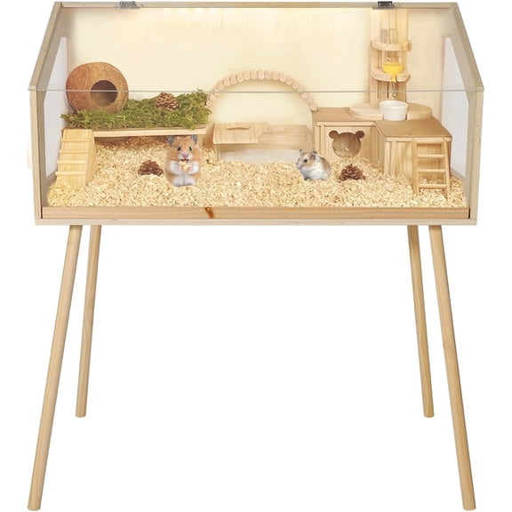QinaQin Large Wood Hamster Cage with Legs,Openable Top & Acrylic Viewing Window,Chew Proof Rodent Habitat,Wood