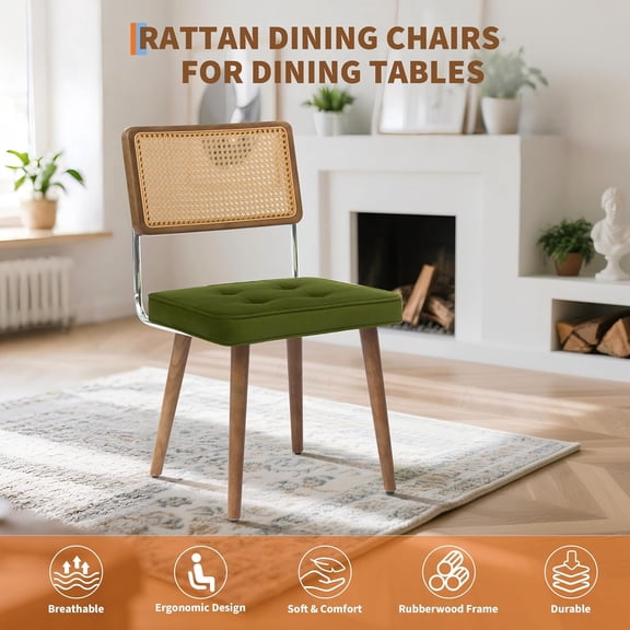 QinaQin Medieval Rattan Dining Chair, Bohemian Modern Style Armless Upholstered Kitchen Side Chair, Metal Frame with Wooden Legs, Suitable for Dining Rooms and Homes