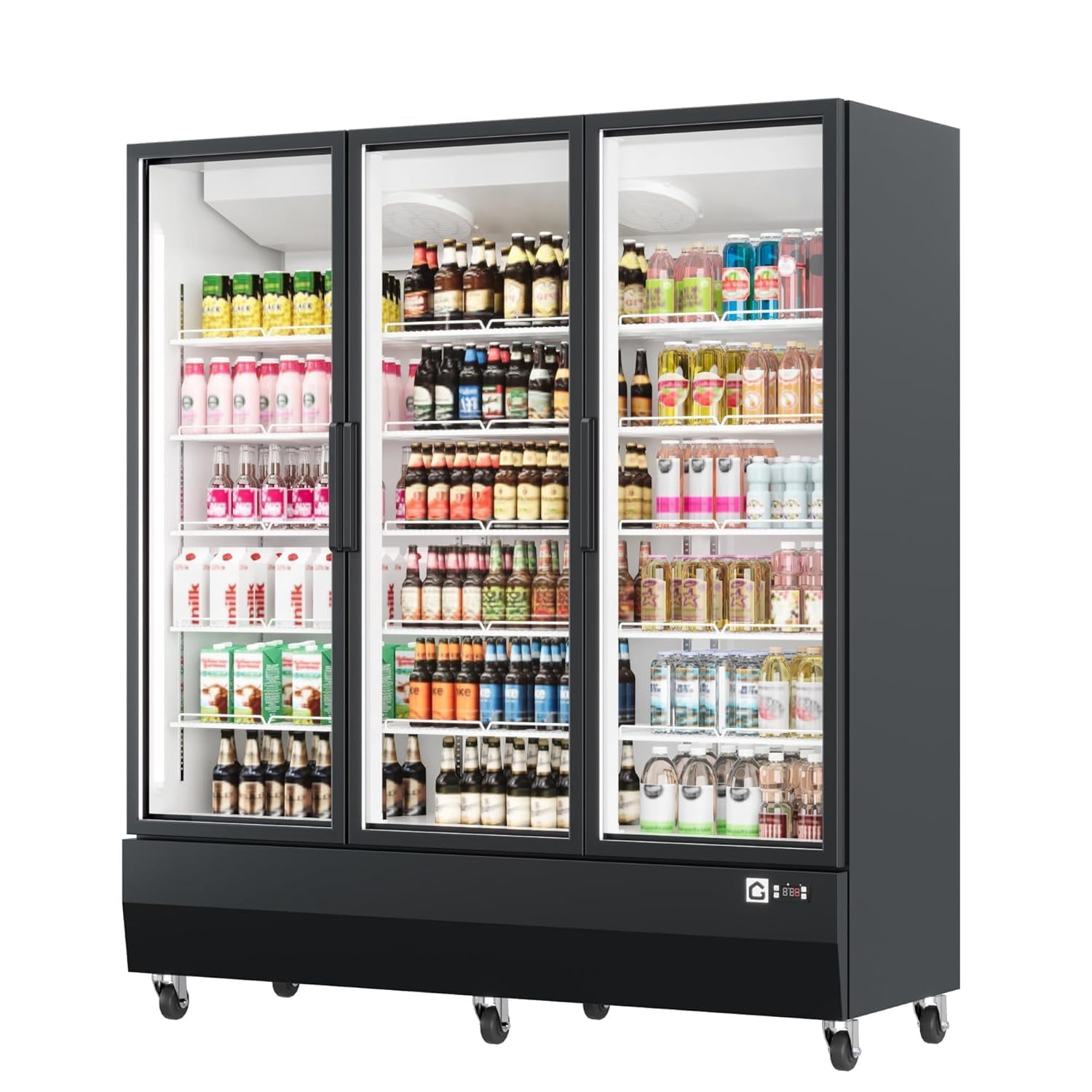 QinaQin Merchandiser Refrigerator,Triple Door Commercial Beverage Display Cooler with Digital Cooling 40–50°F,Fan-Forced Air,Auto Defrost,15 Adjustable Shelves,Locking Casters,Black