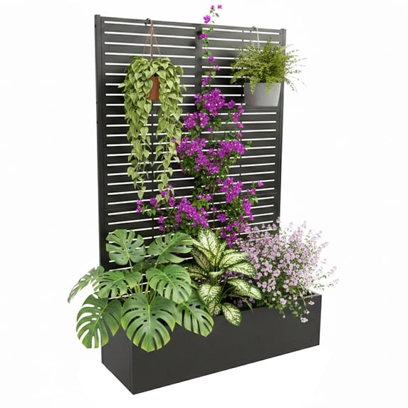 QinaQin Metal Raised Garden Bed with Trellis,Galvanized Metal Planter Box with Drainage Holes,Outdoor Privacy Screen Planter Box,Without wheels,Black