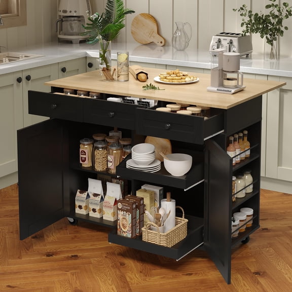 QinaQin Mobile Kitchen Island with a Folding Tabletop and Charging Station, a 47.2-Inch Wheeled Mobile Kitchen Trolley with Pull-Out Shelves, Drawers, Spice Racks, and Ample Storage Space