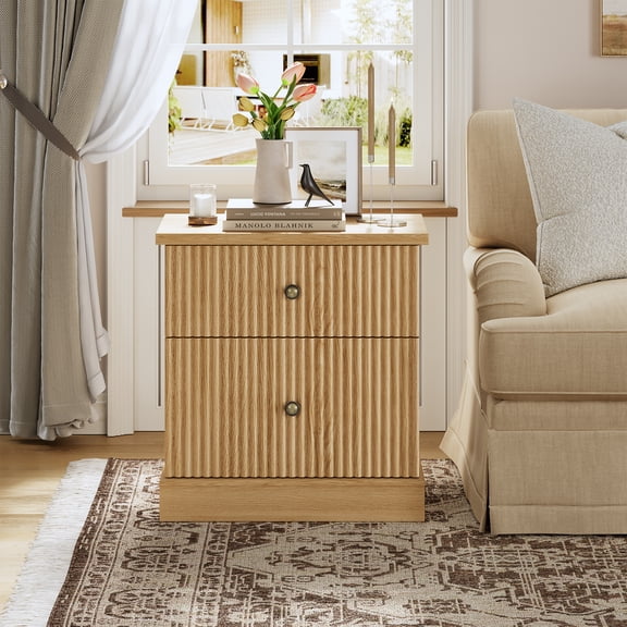 QinaQin Modern Recessed Bedside Table, 24-Inch Bedside Table with Small Decorative Storage, 2 Drawers, and a Sturdy Curved Base