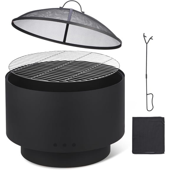 QinaQin Outdoor Fire Pit with Grill Grate, Wood Burning Fire Bowl for Backyard & Patio, Fireproof Mesh Cover,Multi-Fuel Design for Warmth and Casual Grilling,Black