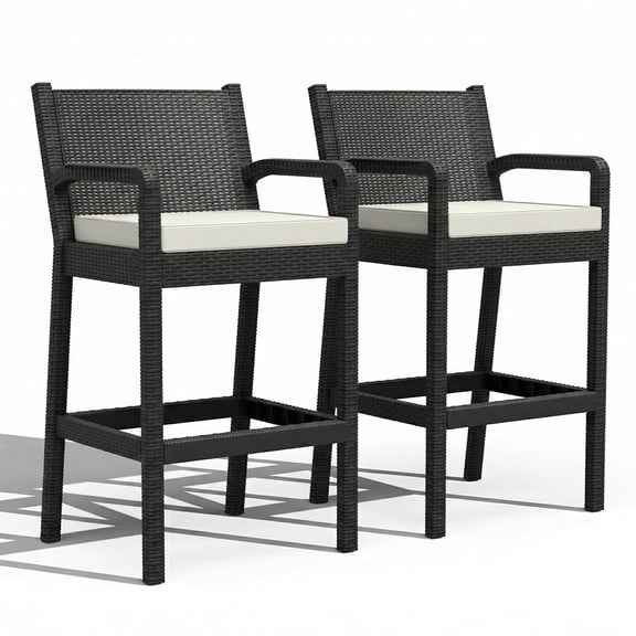 QinaQin Outdoor Wicker Bar Stools Set of 2, 30" Bar Height Patio Chairs with Thick Cushions, All-Weather Rattan, Backrest & Footrest for Backyard, Pool, Balcony