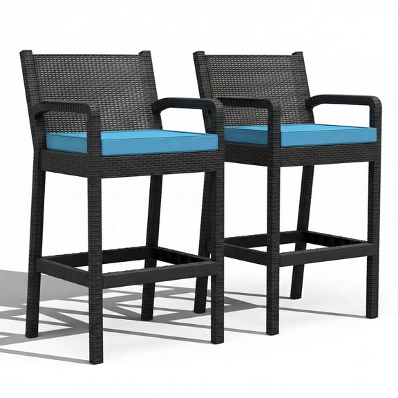 QinaQin Outdoor Wicker Bar Stools Set of 2, 30" Bar Height Patio Chairs with Thick Cushions, All-Weather Rattan, Backrest & Footrest for Backyard, Pool, Balcony