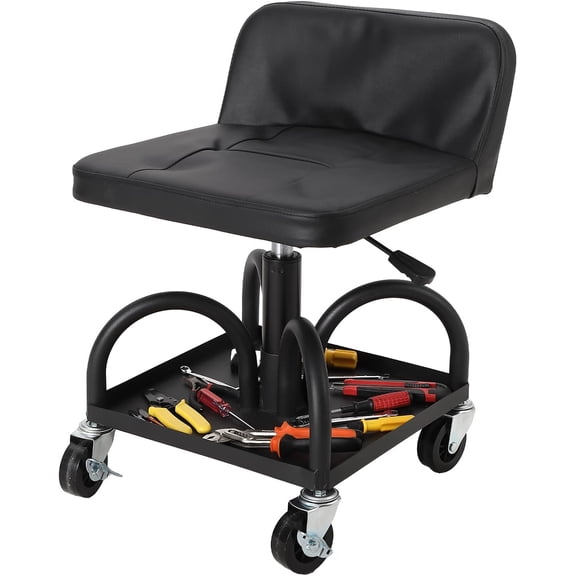 QinaQin Rolling Shop Stool Locking Swivel Wheels,Height Adjustable with Soft Cushion & Tool Tray, Mechanic Seat for Garage, Auto Repair,Black 1