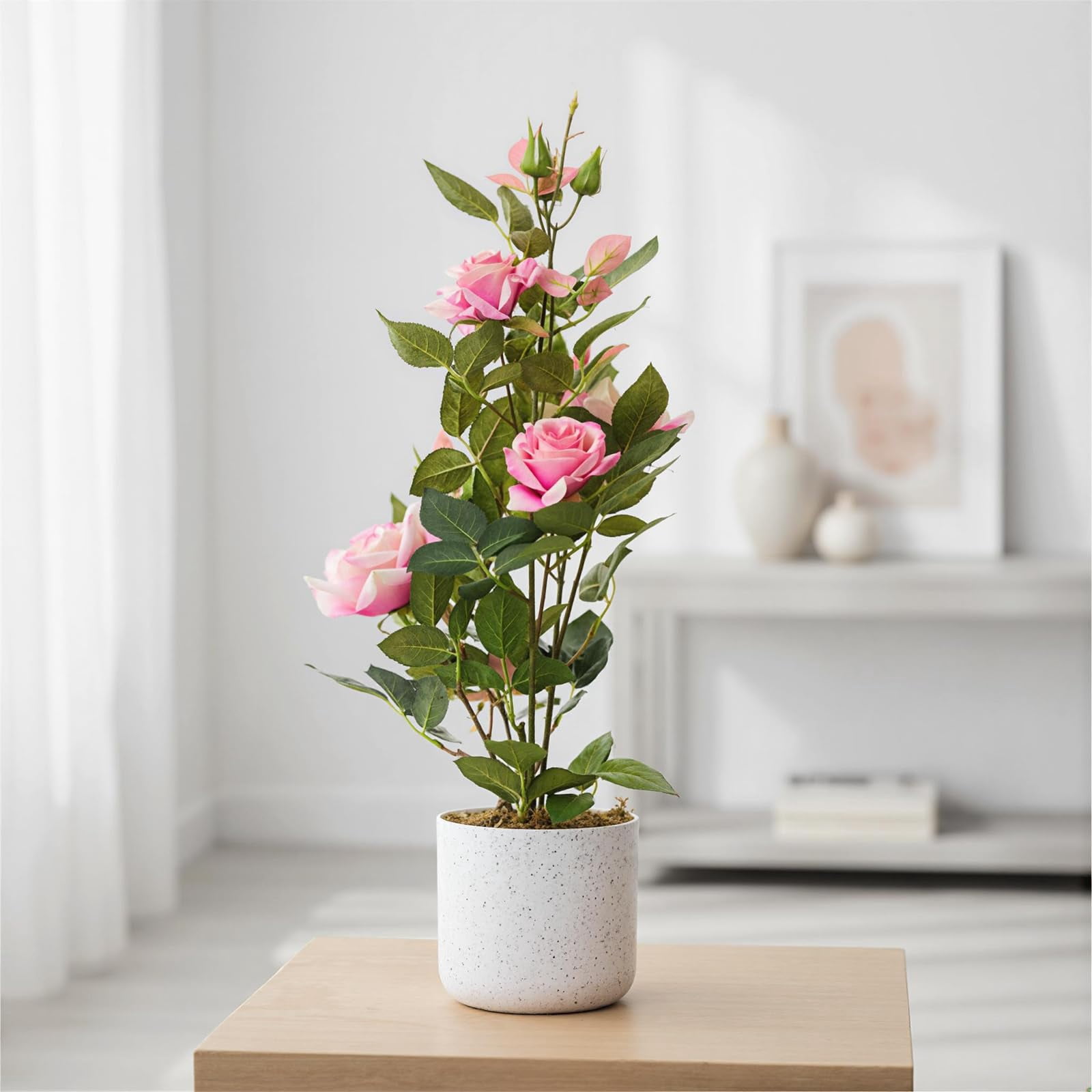 QinaQin Set of 2 Artificial Curled Pink Rose Trees – Lifelike Silk-Like Blooms in White Pots – Faux Indoor Outdoor Decorative Plants for Home, Office, Porch, Patio – Pink, Curled Rose, 54cm, Two