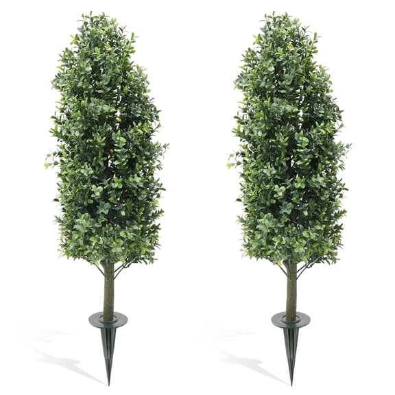QinaQin Set of 2 Faux Boxwood Plants 3Ft, Outdoor Boxwood Topiary with Ground Spikes, UV Resistant Artificial Shrubs for Outdoors, Fakeplants for Garden Patio Porch Yard Indoor Outdoor Decor