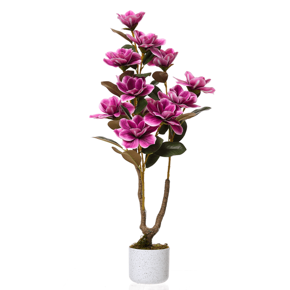 QinaQin Set of 2 Artificial Magnolia Flower Trees, 3FT Faux Pink Blooming Plants with Natural-Look Foliage in Decorative Pots for Indoor Décor