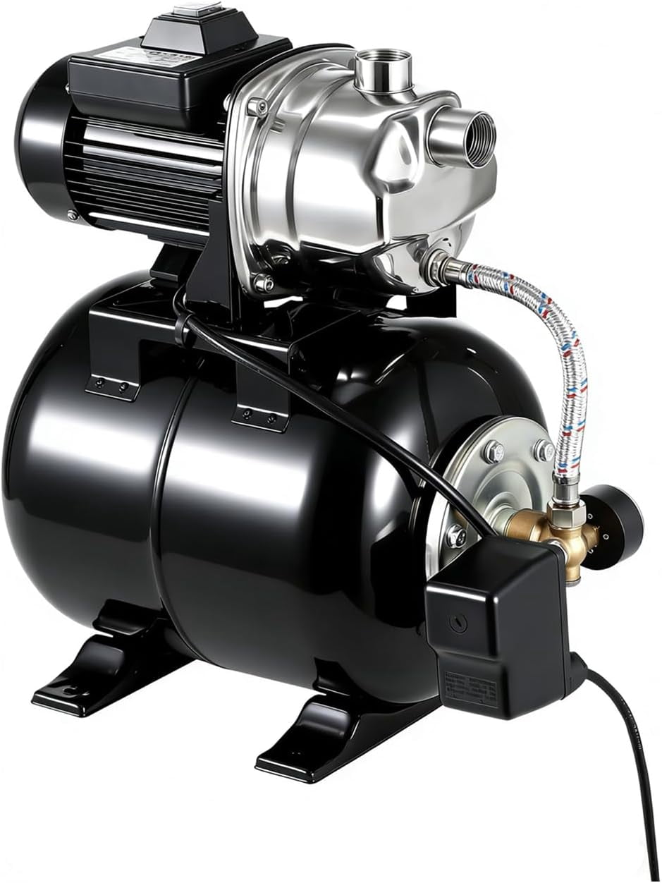 QinaQin Shallow Well Pump with Pressure Tank,Powerful 1.6HP 1320GPH High Flow,164ft Max Head,Stainless Steel Construction,Auto Pressure Switch for Home Farm ,Black