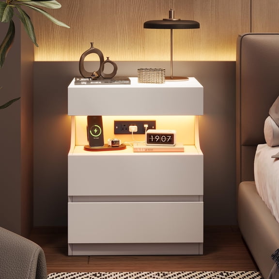 QinaQin Smart Nightstand with App Controlled LED Lights, Charging Station, 3 Drawers, Open Shelf and USB AC Ports