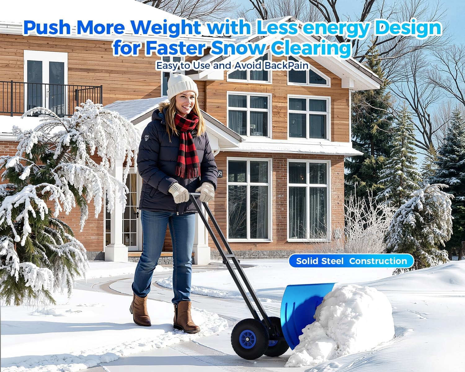 QinaQin Snow Shovel Pusher for Driveway,Heavy Duty 2-Wheel Snow Shovel ...