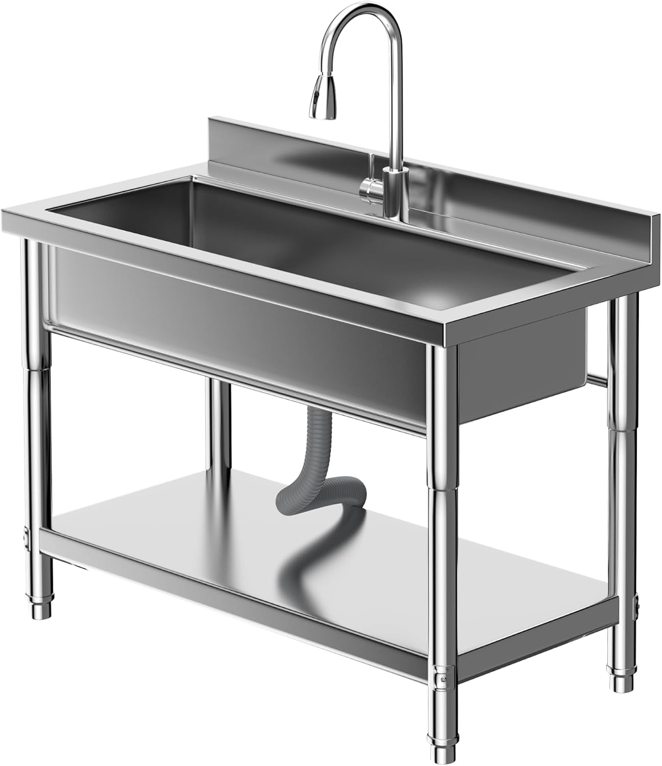 QinaQin Stainless Steel Utility Sink,Commercial Free Standing Kitchen Sink with Hot/Cold Water Pipes,Heavy-Duty Single Bowl,Stainless Steel