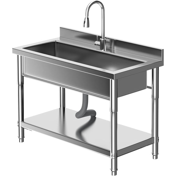QinaQin Stainless Steel Utility Sink,Commercial Free Standing Kitchen Sink with Hot/Cold Water Pipes,Heavy-Duty Single Bowl,Stainless Steel