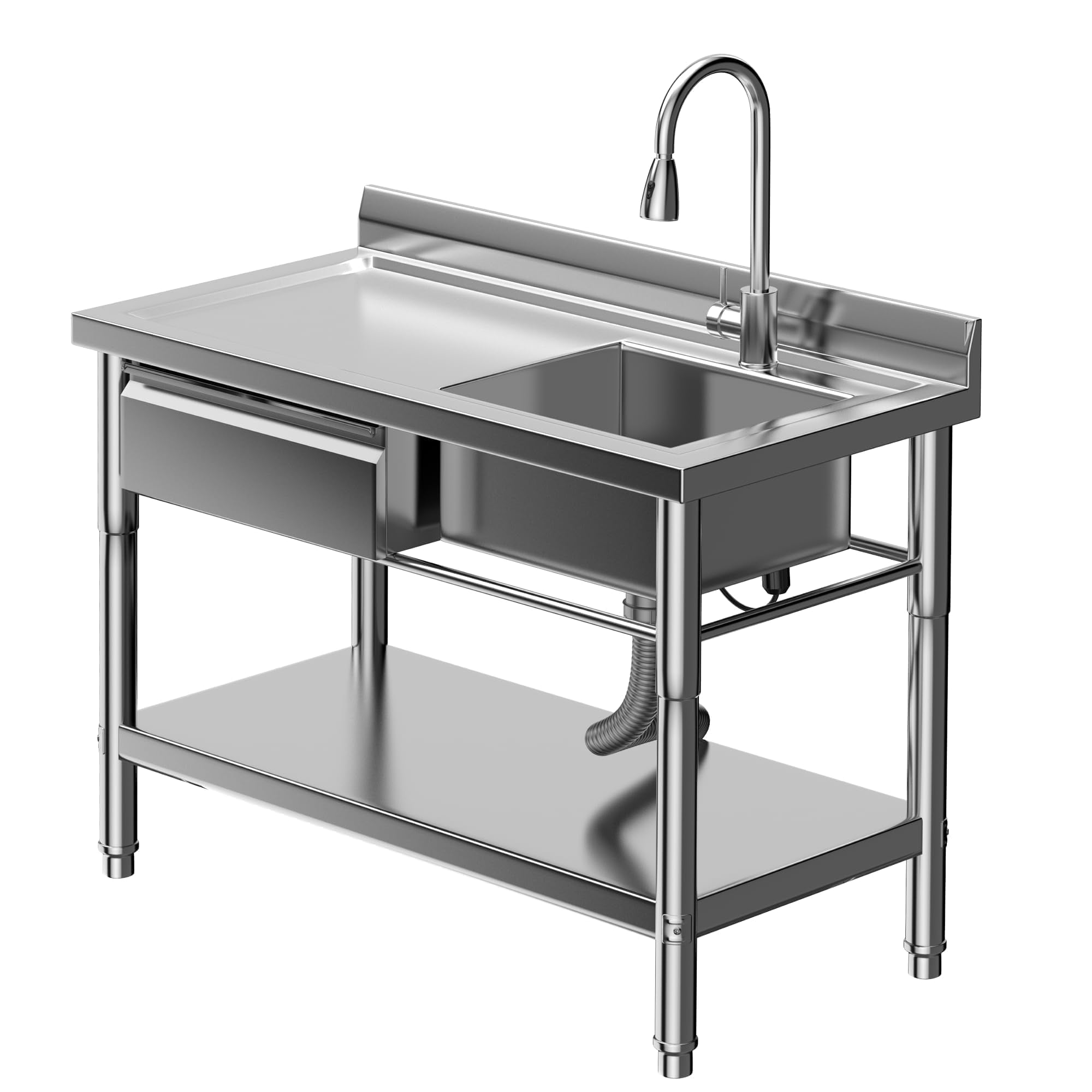 QinaQin Stainless Steel Utility Sink with Pull-Out Faucet,Freestanding Single Bowl Commercial Kitchen Sink,Drawer,Heavy-Duty Sink Station,Stainless Steel