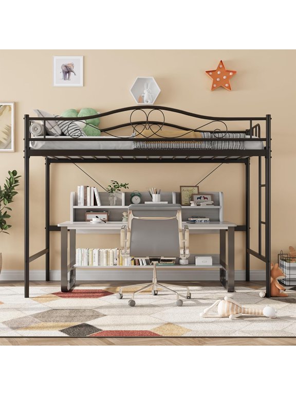 Twin Metal Loft Bed with Ladder and Full Guardrails, Heavy Duty Space Saving Bed Frame, 400 Lb Capacity, No Box Spring Needed