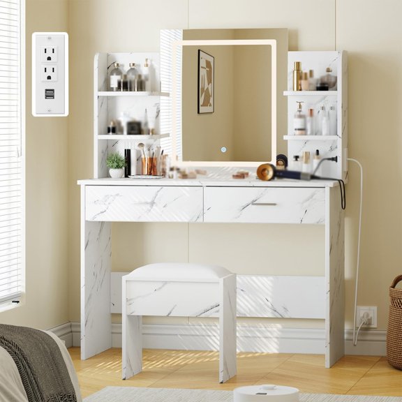 QinaQin Vanity with a Mirror and Light, a Vanity Set with a Power Outlet, a Cushioned Stool, Six Shelves, Two Large Drawers, and Adjustable Lighting with Three Colors
