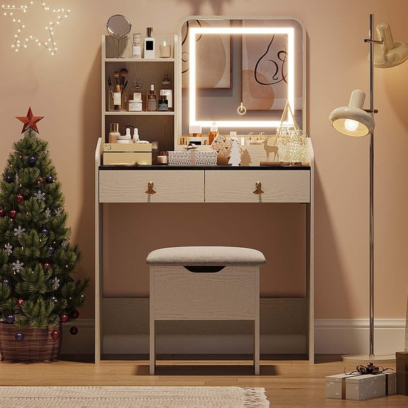 QinaQin Vanity Table with An Led-Lit Mirror and Charging Station - Featuring a Spacious Tabletop with Two Drawers and Open Shelving, a Concealed Storage Stool, and Three-Mode Adjustable Led Lighting