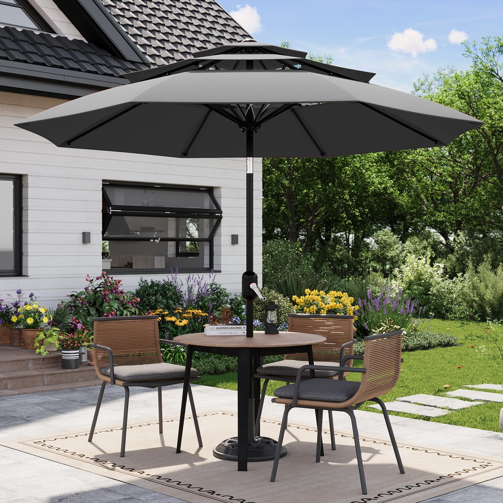 QinaQin Vented Patio Umbrella,8 Sturdy Ribs,Easy Crank & Tilt,Outdoor Market Table Parasol,Gray