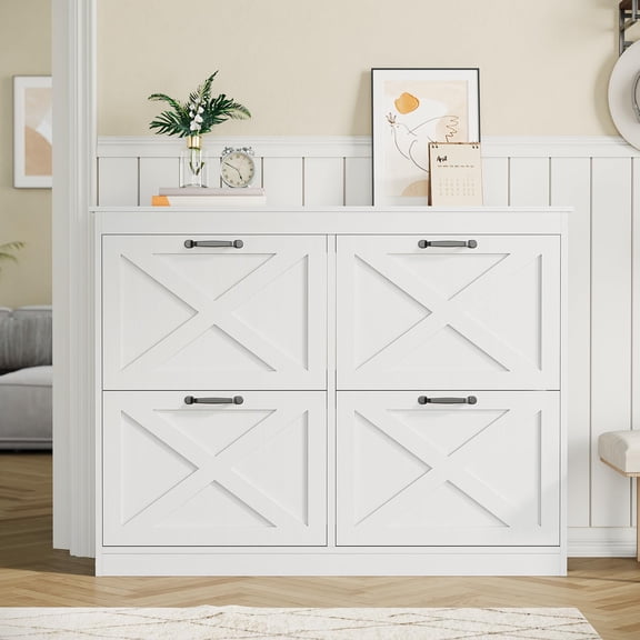 QinaQin White Shoe Cabinet, Entryway Shoe Storage and Organization Rack with 4 Flip-Top Drawers, Concealed Independent Ultra-Thin Wooden Shoe Rack Cabinet, Suitable for Hallways, Foyer, and Wardrobes