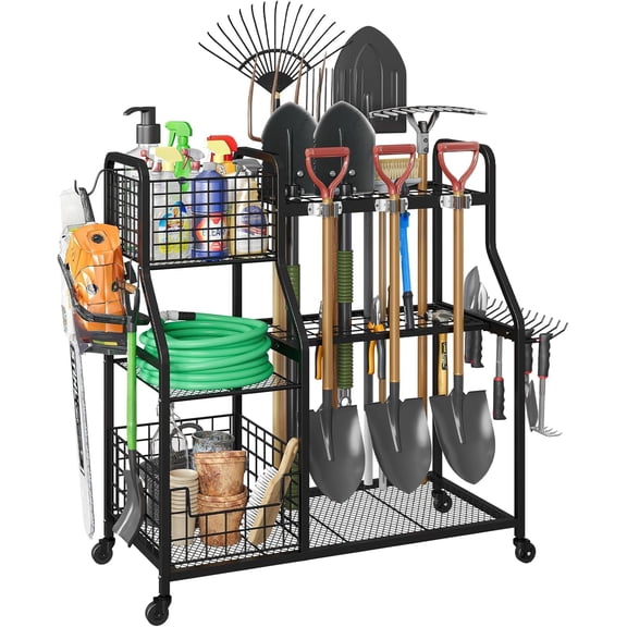 QinaQin Yard Storage Rack,Rolling Garage Tool Organizer for Lawn Care,Outdoor Tool Storage,Black