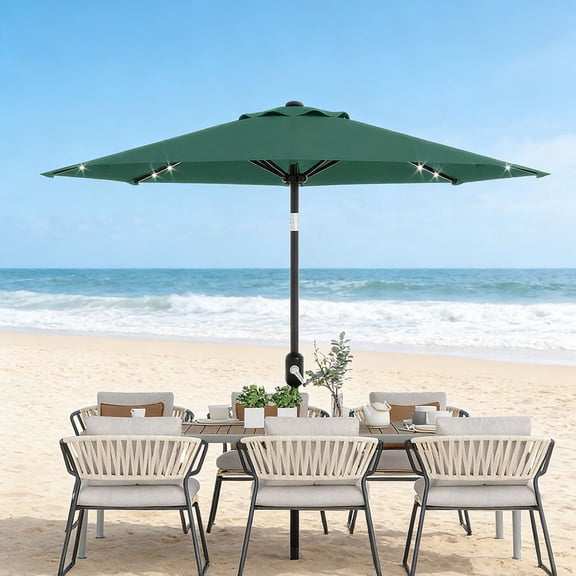 Qinain 10FT Solar Powered Patio Umbrella, UV Protection Market Table Umbrella w/ 40 LED Lights & Push Button Tilt & Crank Lift System for Garden/Lawn/Deck/Backyard/Pool